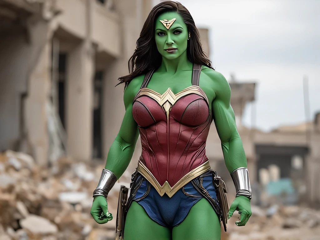 Gal Gadot a powerful, muscular and voluptuous female, green hair, green skin. She is wearing the traditional Wonder Woman costume fitted to her body. She is standing on the street of a ruined city. Front shots. Full body shots