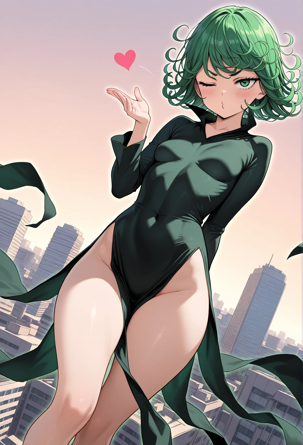 (masterpiece, best quality:1.2), cowboy shot, solo, 1girl, tatsumaki, lustful smile, closed mouth, looking at the viewer, ass, wide hips, black dress, night sky, clouds, erotica