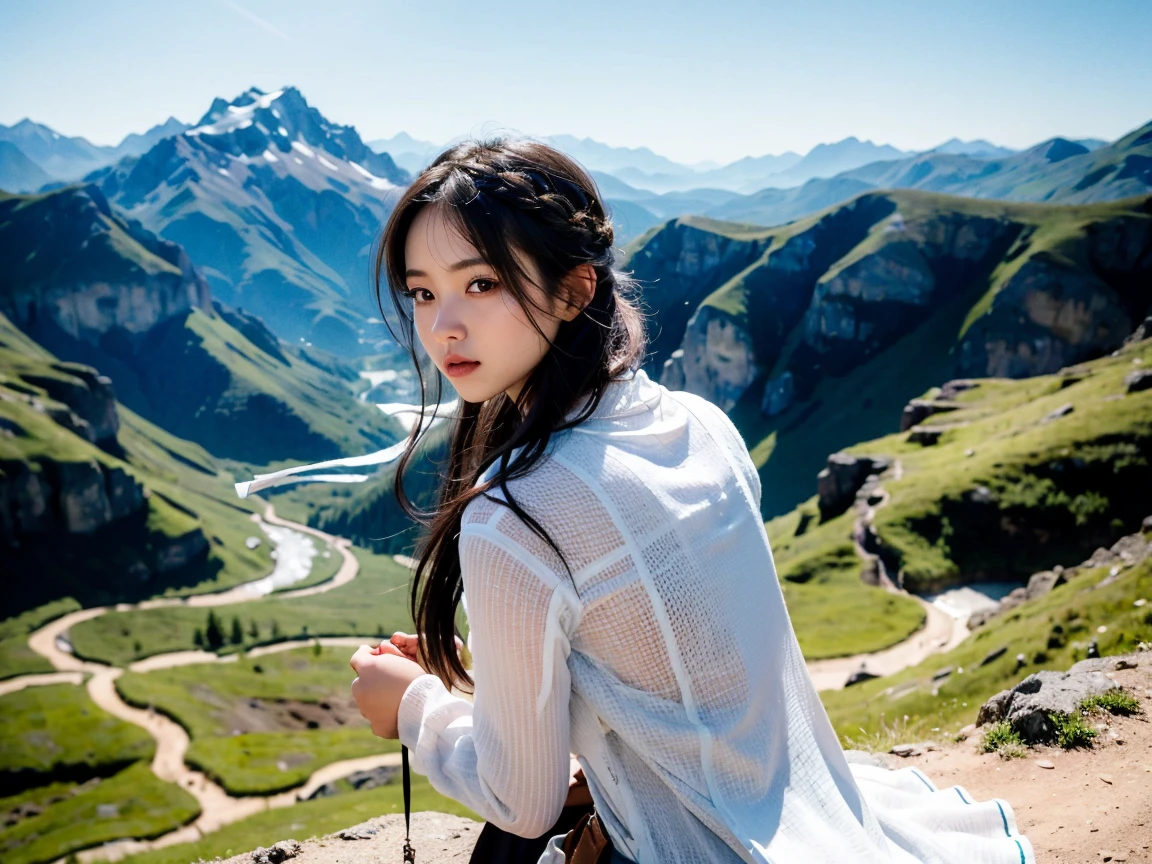 (bestquality,10,10,highres,masterpiece:1.2),ultra-detail,(Realistic,photorealistic portrait,photo-realistic:1.37),beautiful girl,Wear form-fitting clothes.,Posing with her favorite mountain bike,The backdrop is a beautiful blue sky and rolling hills.