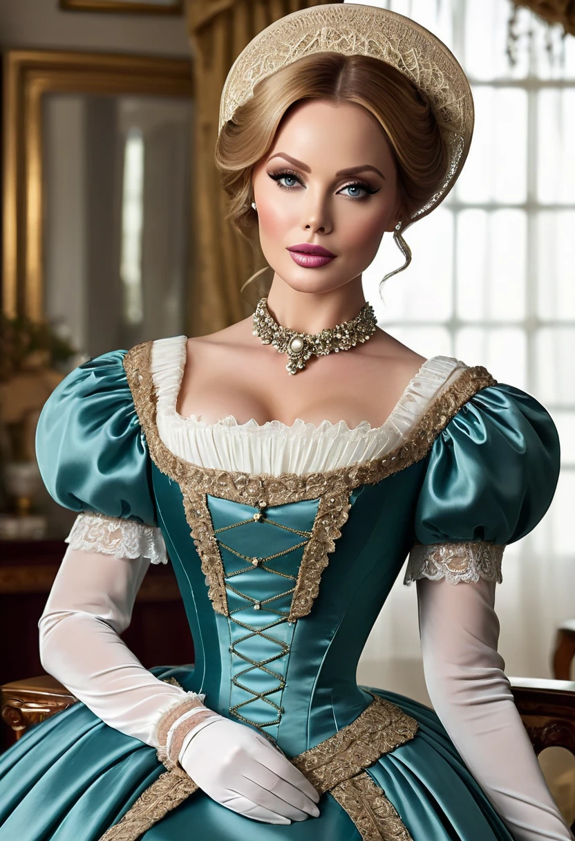 (High resolution,masterpiece:1.2),(Realistic:1.37)Portrait of an 18th century Russian vampire girl of unparalleled beauty. She has captivating red eyes and delicate rosy lips. Long fangs, The portrait is carefully drawn down to the smallest detail., Capture the subtle nuances of her features. She is wearing a beautiful silk gown, Adorned with intricate lace and delicate embroidery. This painting speaks of the luxury of the time., Luxurious velvet curtains and gold furniture in the background. The lighting is soft and diffused, Highlight the girl's graceful beauty. the colors are vivid and rich, Create compelling visual experiences. This portrait is painted in the classical portrait style., Reminiscent of the works of famous artists of the time. It exudes elegance, Grace, Sophistication. sharp long claws, (Crimson eyes:1.4), Flame-red eyes, (Sharp fangs visible through the gap between his lips:1.8), There is a bite mark on the neck.2There are two holes