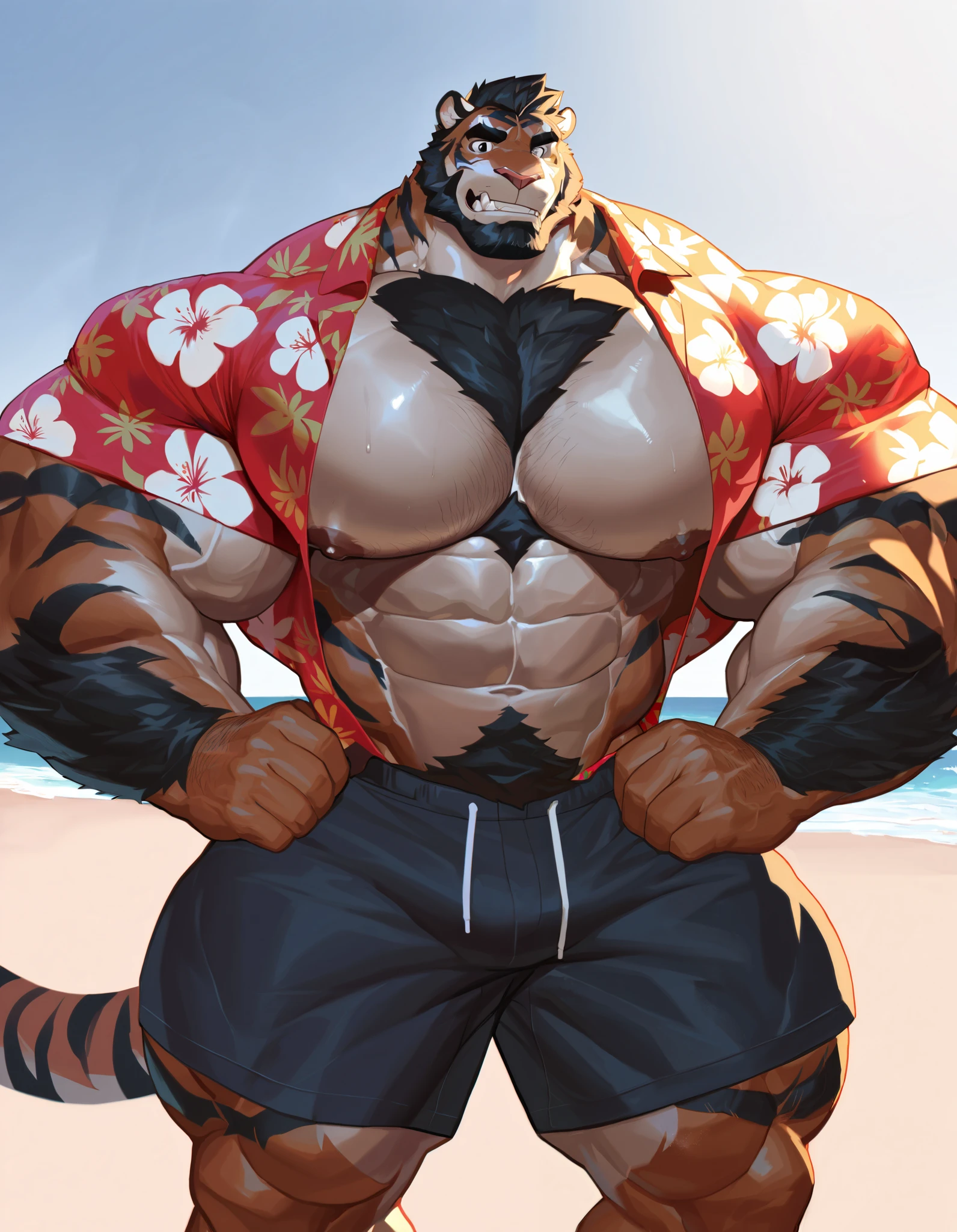 bara tiger, fur, very large pecs, massive muscular, hyper muscular, strong physique, very muscular, perfect anatomy, masterpiece, black beard, black eyes, strong jaw, giant biceps, shirtless, hairy pectorals, solo, great lighting, beach, shorts, hawaiian shirt