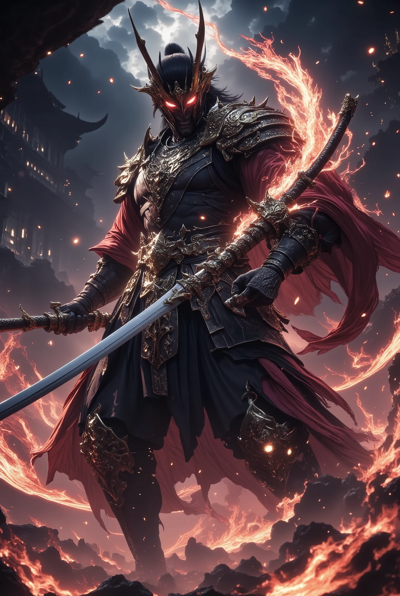 A beautiful samurai warrior, Rurouni Kenshin, detailed realistic illustration, masterful sword fighting, broken katana sword, dynamic action pose, intricate traditional Japanese clothing, intense dramatic lighting, vibrant colors, cinematic composition, highly detailed, 8k, photorealistic