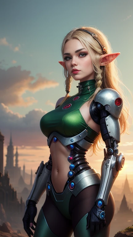 1girl,elf,blonde hair,long hair,braid,twin braids, pointy ears, green eyes, at soldier, (master chief armor of halo, sexy pose), medium breast, hourglass figure, intricate detail, (highly detailed, fine details), cleavage, looking at viewer, ultra realistic, soft texture, photography, facelight, highest detailed, finely detail, extremely detailedall body, (14k), intricate detail, cleavage, up viewer, ultra realistic, photography, film grain, sharp focus, cinematic lighting, extremely detailed full body.