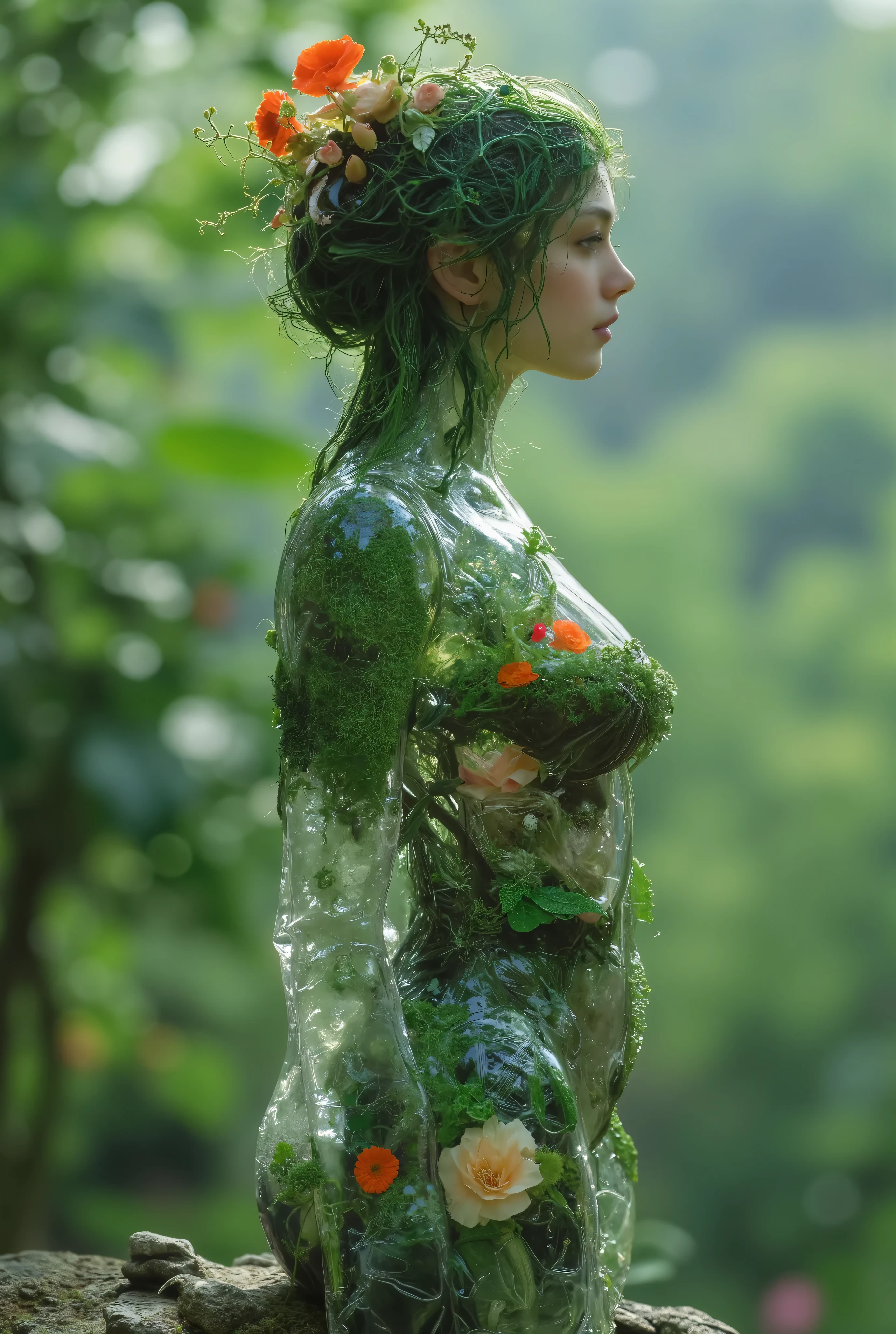 A luminous, transparent glass woman figure with an hourglass body, showcasing an intricate internal ecosystem, featuring miniature plants with delicate moss and flowers sprouting from within, blurring the line between surreal nature and organic growth, set against a dreamy bokeh background that evokes an ethereal atmosphere, with a focus on a portrait profile, adorned with lush green foliage, symbolizing biodiversity and the inner world, rendered in stunning 3D digital art with photorealistic textures, highlighting the intricate details of the figure's skin, hair, and surroundings, with a medium hairstyle that appears to be woven from the very plants and flowers that inhabit her, all presented in high-resolution with an emphasis on capturing the subtle play of light on her fragile, crystalline form.