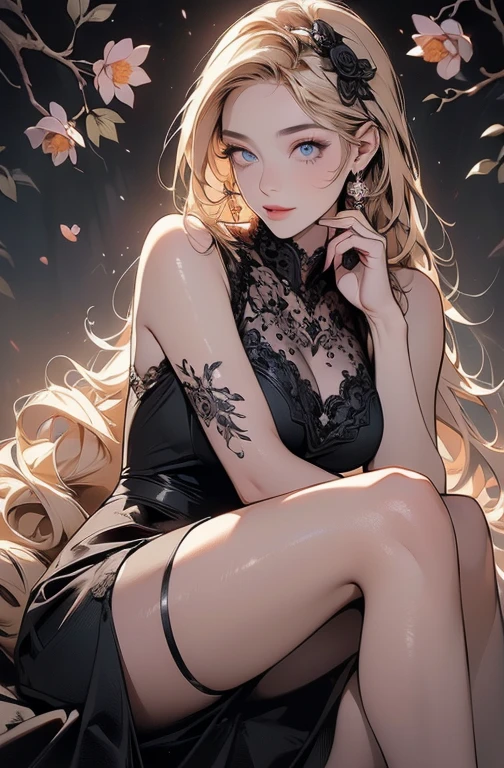 (masterpiece, High resolution, Very detailed:1.3), One girl, One arm behind head, (smile:0.5) Edge Petal, Woman in a black dress, wearing Edge Petal, Garden Background, Dim break (Long blonde hair), Middle parted hair