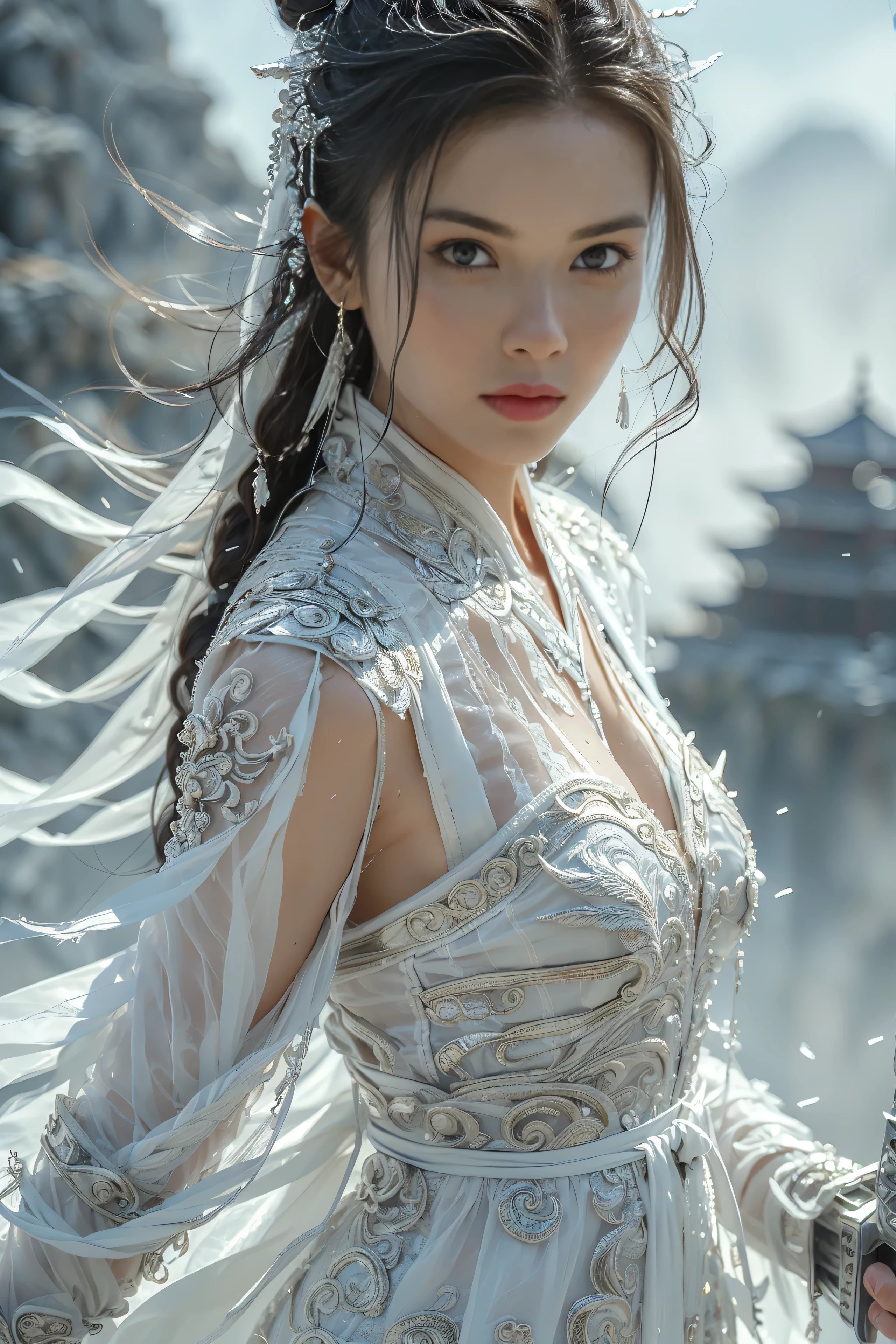 (masterpiece, RAW, 32K, UHD, hyper realistic, best quality), swordswoman,1girl (Beautiful face, supermodel) ,seductive smile, black hair ,blue sky, blurry, brown eyes ,closed mouth ,cloud ,day ,eyelashes ,grey eyes, holding sword, lips ,long hair, looking at viewer, mountain, snow ,solo ,sword ,water, weapon, wind ,winter, sword ,Hanfu, Masterpiece,Game art,The best picture quality,Highest resolution,8K,(Portrait),Unreal Engine 5 rendering works,(Digital Photography),((Portrait Feature:1.5)), 20 year old girl,Short hair details,With long bangs,(The red eye makeup is very meticulous),(With long gray hair:1.4),(Large, full breasts),Elegant and noble,Brave and charming, (Future armor combined with the characteristics of ancient Chinese armor,Hollow design,Power Armor,The mysterious Eastern runes,A delicate dress pattern,A flash of magic),Warrior of the future,Cyberpunk figures,Background of war, Movie lights,Ray tracing,Game CG,((3D Unreal Engine)),OC rendering reflection pattern