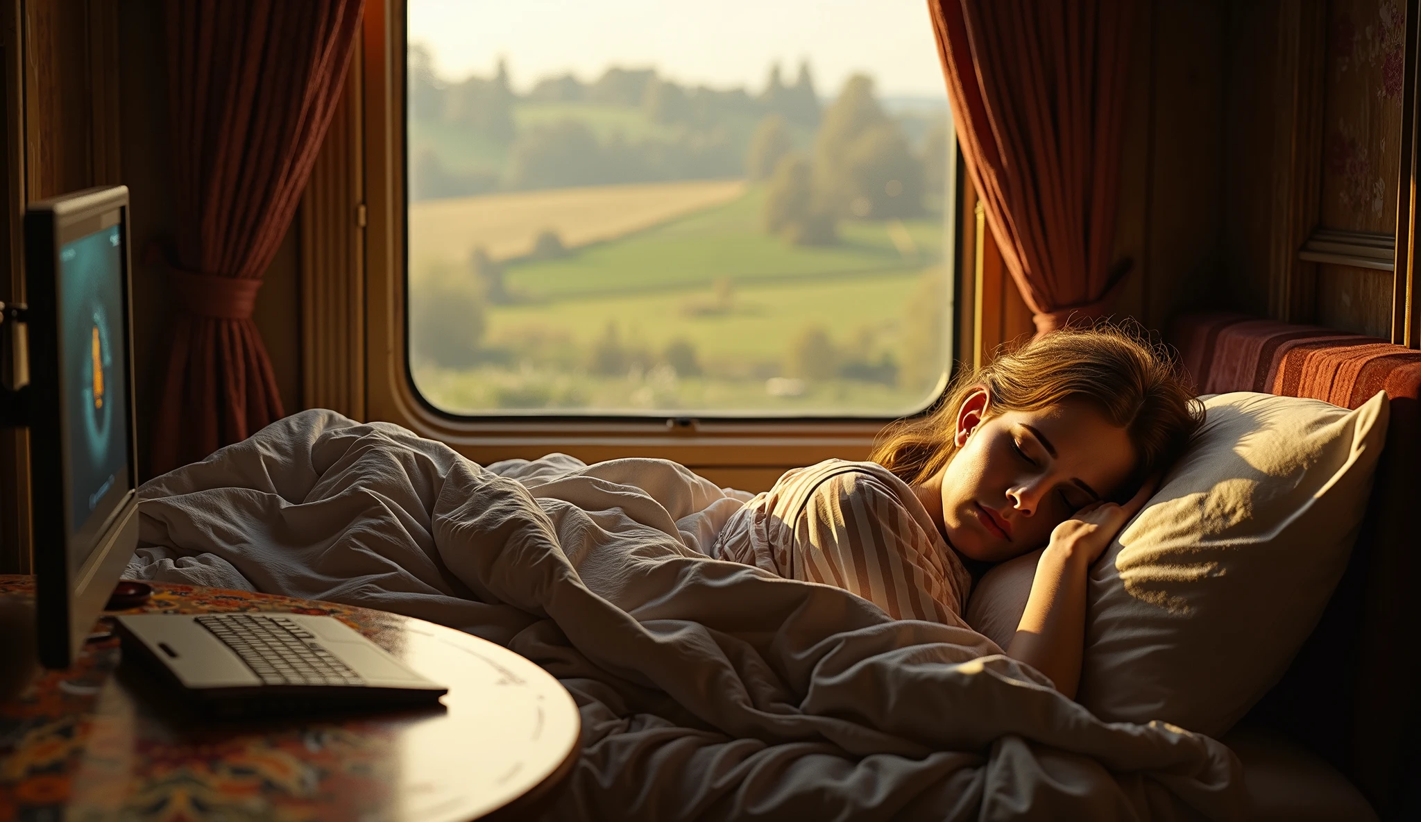 Emma Watson sleeping inside the hogwarts express on the train bed, there is a train window, there is a table as well, the table have a harry potter based computer