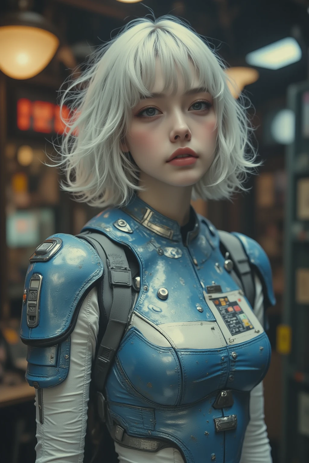 high definition image、Star Wars Worldview 、 multicolor wig , Mechanical Blue Body , Superb, masterpiece, 8k, Futuristic Spaceship Interior ,サイバーブルースーツを着た multicolor wig , Crown Blade , blue eyes, shortcuts, Superb, Nothing, , blue eyes,