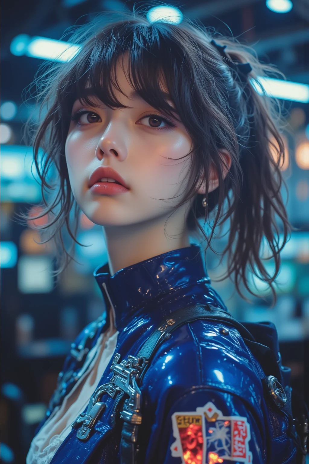 high definition image、Star Wars Worldview 、 multicolor wig , Mechanical Blue Body , Superb, masterpiece, 8k, Futuristic Spaceship Interior ,サイバーブルースーツを着た multicolor wig , Crown Blade , blue eyes, shortcuts, Superb, Nothing, , blue eyes,