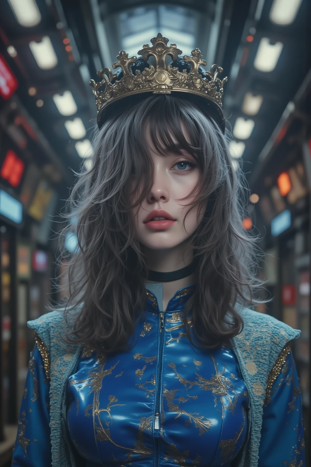 high definition image、Star Wars Worldview 、 multicolor wig , Mechanical Blue Body , Superb, masterpiece, 8k, Futuristic Spaceship Interior ,サイバーブルースーツを着た multicolor wig , Crown Blade , blue eyes, shortcuts, Superb, Nothing, , blue eyes,