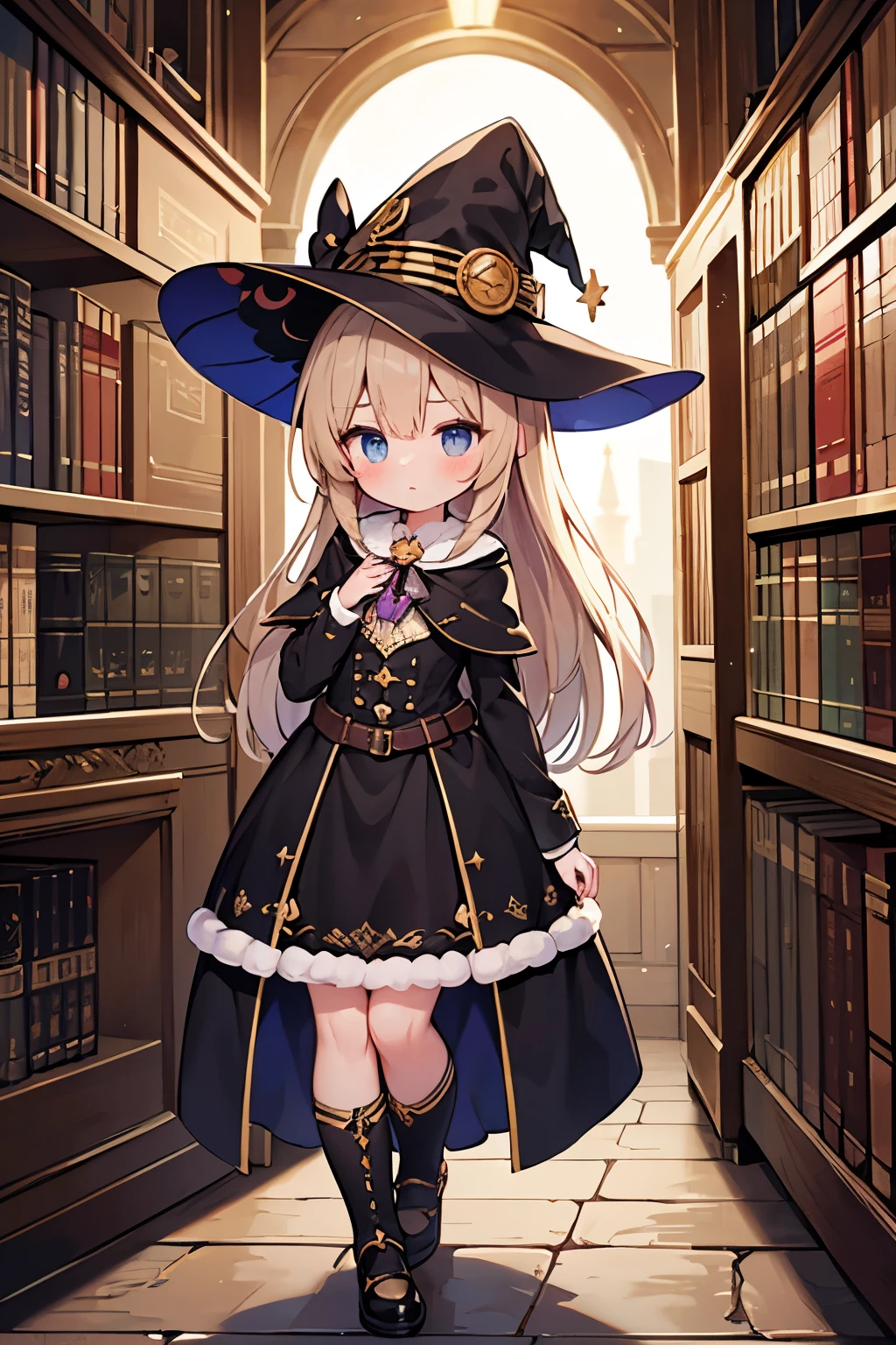 ( best quality:1.2)。steampunk。 one girl。 Little cute witch 。 chibi。 Light brown fluffy long hair 。 walking with a magic wand with both hands 。An expression full of curiosity 。 illuminates the area with a magical light 。 The background is a completely dark, narrow passageway in the library maze。
