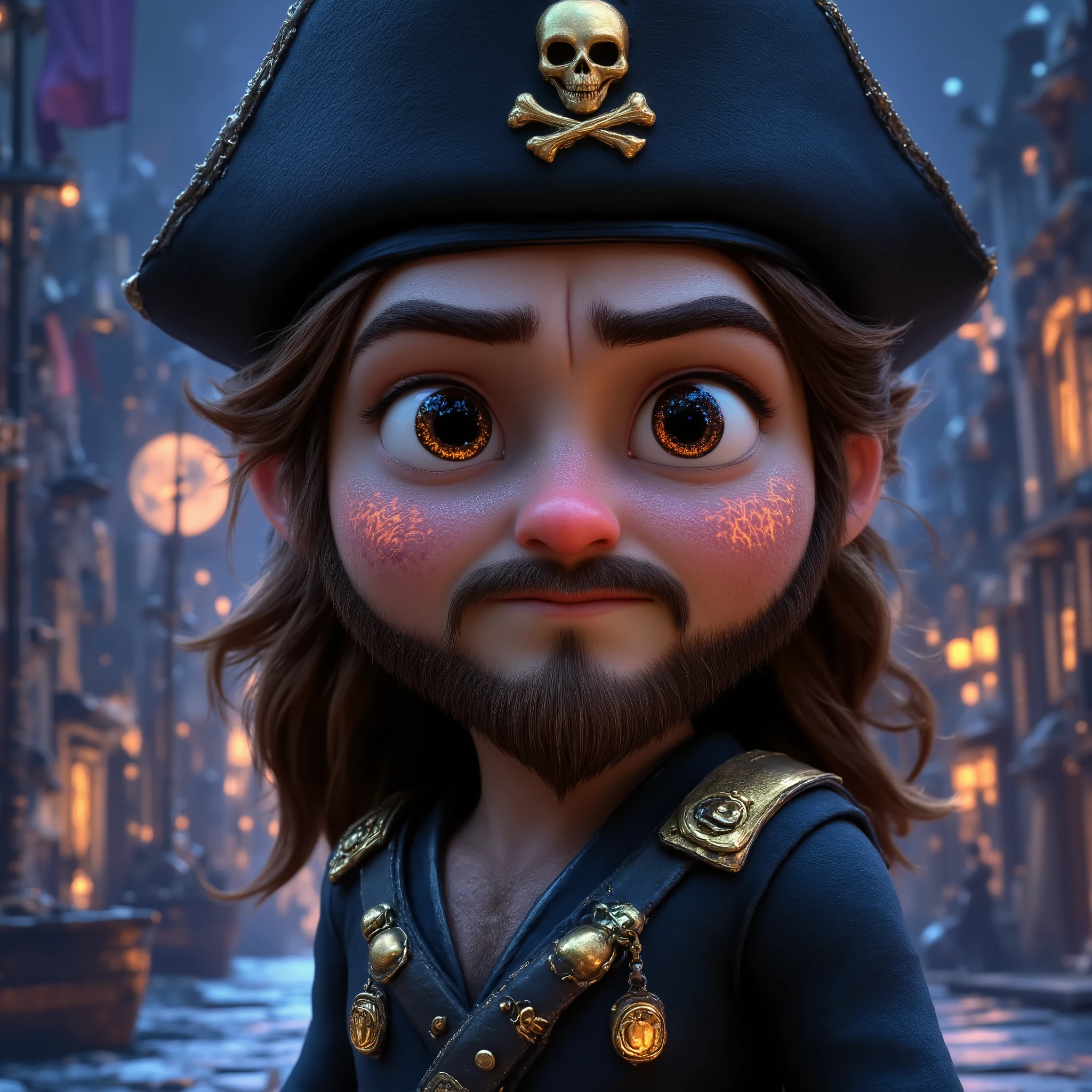 lose-up portrait of a chibi-style pirate captain in Pixar-quality 3D rendering. Focus on his face while ensuring the full body and background remain visible. The captain appears around 35 years old, exuding confidence, wisdom, and charm. He is handsome and strong, with a masculine yet attractive face, slightly full cheeks, and a well-defined jawline.

His chibi proportions are exaggerated, featuring a larger head and smaller body. His expressive, slightly oversized eyes are intricately detailed, reflecting both charisma and experience.

His long brown hair and beard have hyper-realistic textures, highly detailed with individual strands visible, providing a striking contrast to the chibi aesthetic. The realistic rendering of hair and beard textures is a crucial element of the image.

He wears a large black pirate hat (proportional to his chibi head), decorated with an ornate golden skull and crossbones emblem. His black pirate outfit is adorned with golden details on the lapels and collar, giving him an authoritative yet charming presence.

The setting is a pirate dock at night. In the slightly blurred background, a massive pirate galleon with tattered black sails and a black pirate flag atop the mast looms in the distance. The sky is dark, illuminated by bright stars and a luminous moon, enhancing the dramatic atmosphere.

The art style is a fusion of Pixar's signature 3D look with the exaggerated proportions of chibi characters, while maintaining ultra-realistic textures for hair, beard, and eyes. The textures must be high-quality throughout, emphasizing his handsome yet chibi appearance.

The final image should capture the perfect balance between cuteness, masculinity, and pirate toughness, creating an endearing yet formidable chibi pirate captain in an immersive, cinematic 3D scene.