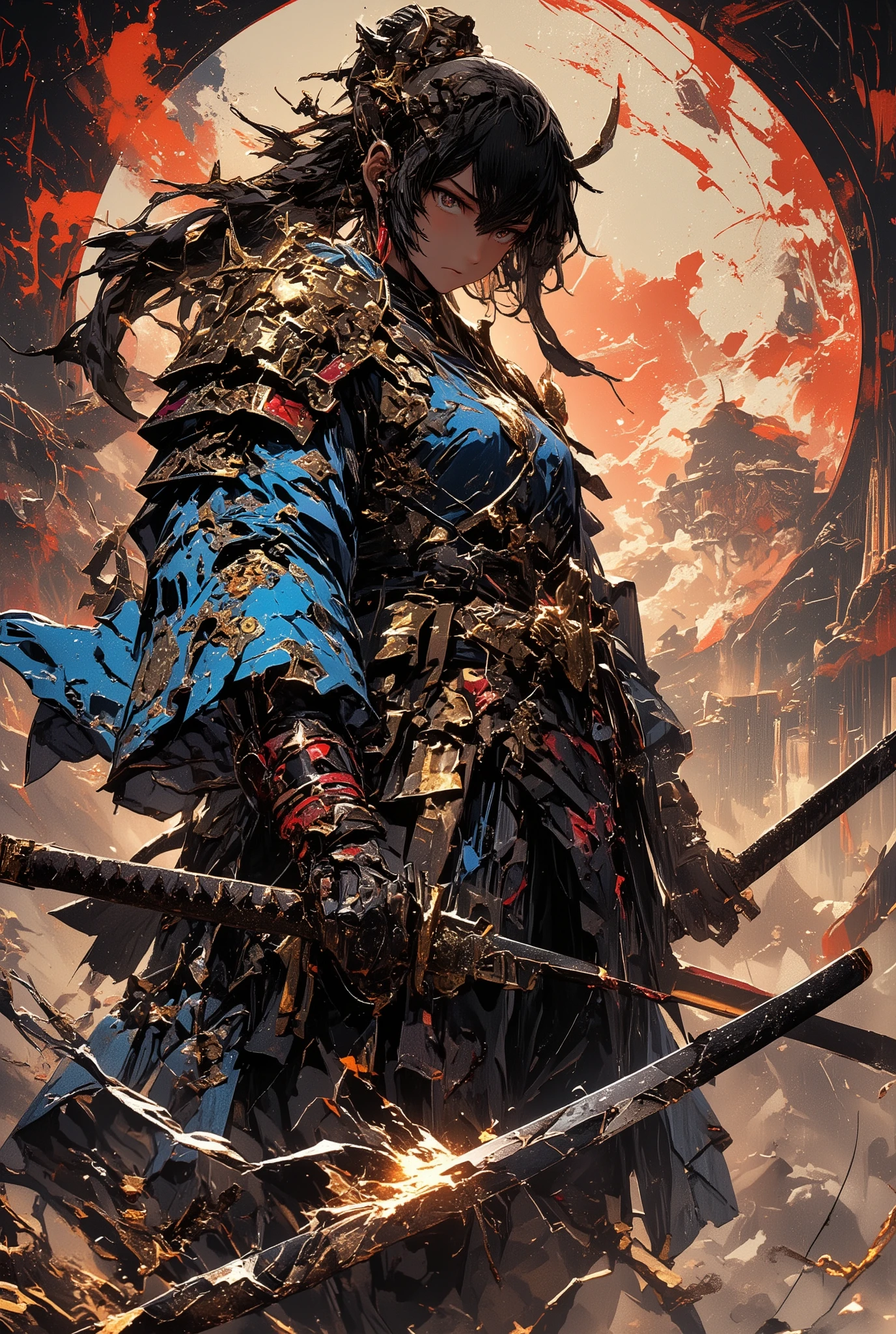 A beautiful female samurai warrior, Rurouni Kenshin, detailed realistic illustration, masterful sword fighting, broken katana sword, dynamic action pose, intricate traditional Japanese clothing, intense dramatic lighting, vibrant colors, cinematic composition, highly detailed, 8k, photorealistic, beauty in Firmness