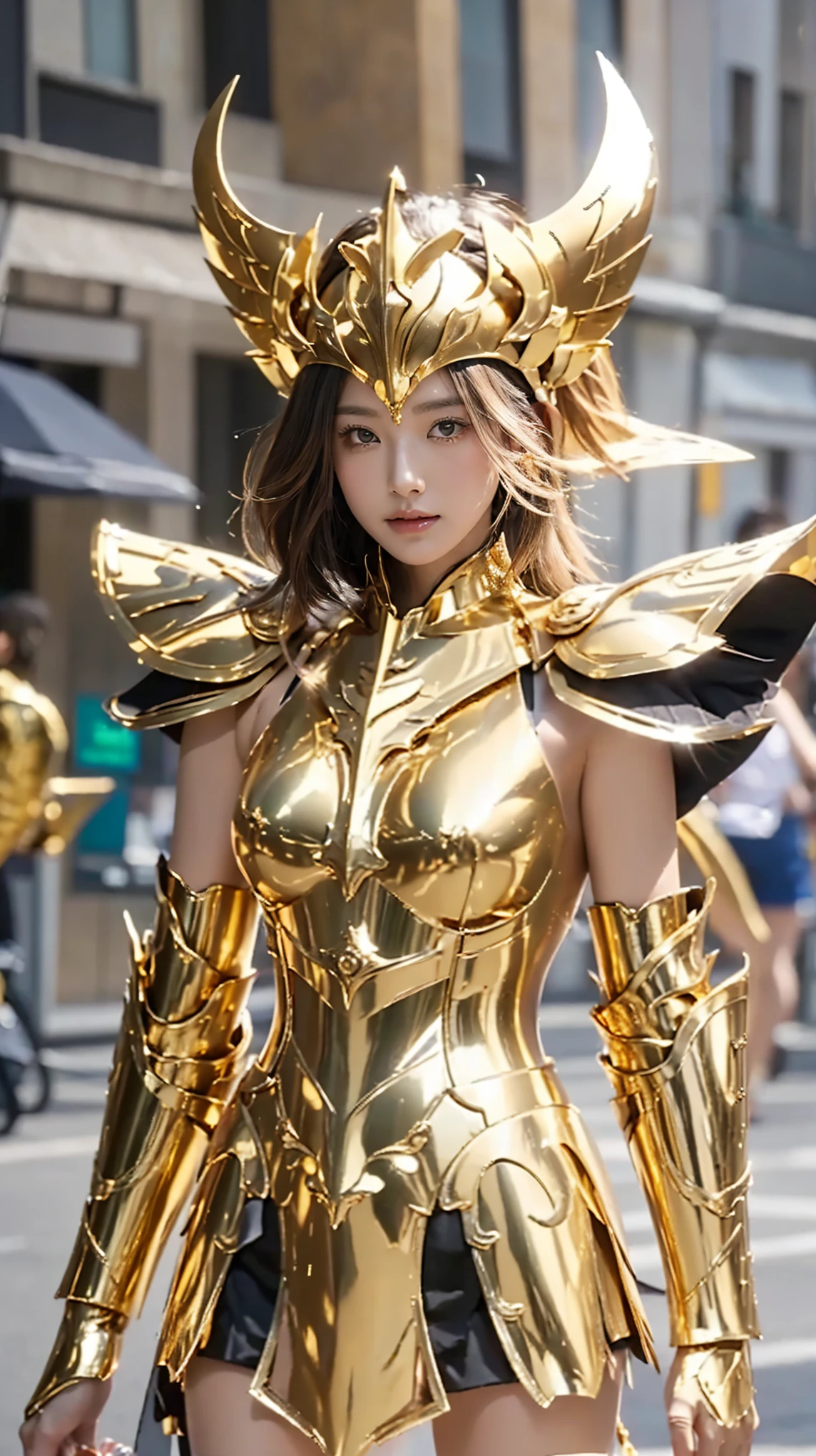 close-up of someone wearing a costume on the street, unreal engine saint seiya render, elegant gold armor, female zodiac knight, baroque, unreal engine saint seiya render, angelic gold armor, zodiac knight girl, gold armor, gold armor, gold armor, wearing gold armor, bright gold armor, heavy gold armor. dramatic, stunning armor, gold armor, wearing gold armor, Saint Seiya, beautiful armor, gold armor set, gold armor, dramatic, stunning armor, gold armor, wearing gold armor