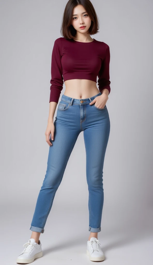 (Best Quality,4k,hight resolution,Masterpiece:1.2),Ultra-detailed,(Realistic:1.37),The beautiful lovely woman, Wide flares on tight jeans, Heels,(slim woman:1.2),gradient background,Flared low rise jeans,skinny hips and groin showing, (tight and long tshirt:1.5), (full - body:1.5)