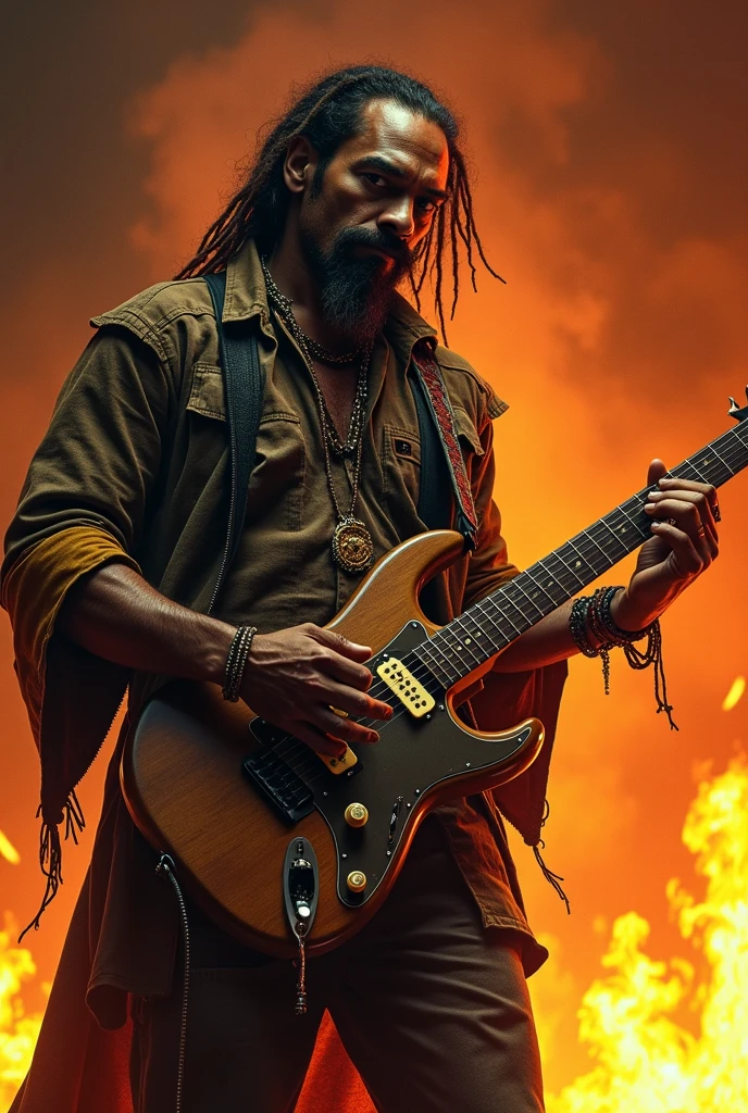 Make the god Ra playing the guitar, have your left foot on an amplifier, right foot on the ground, his left hand playing the guitar and his right arm pointing up and his head looking at 3/4 to the right and with a happy expression on his face