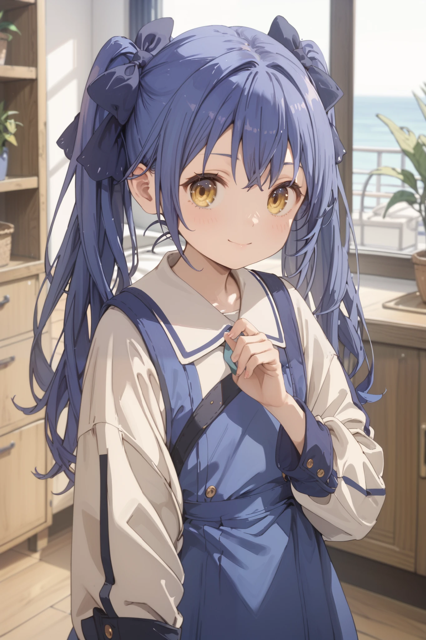 Masterpiece, 最 high quality, high resolution, cowboy shot、 long hair, twin tails, hair bow, high definition、 high quality、8k、4k、 antique room、(Young girl、 cute、、Young face、Big, squishy eyes、Bullish eyes、、 lori、 lori体形、Blue Hair、Golden Eye、、ゴシック loriータドレス、( I'm in a bad mood、Disgruntled eyes、 wrinkles between eyebrows)