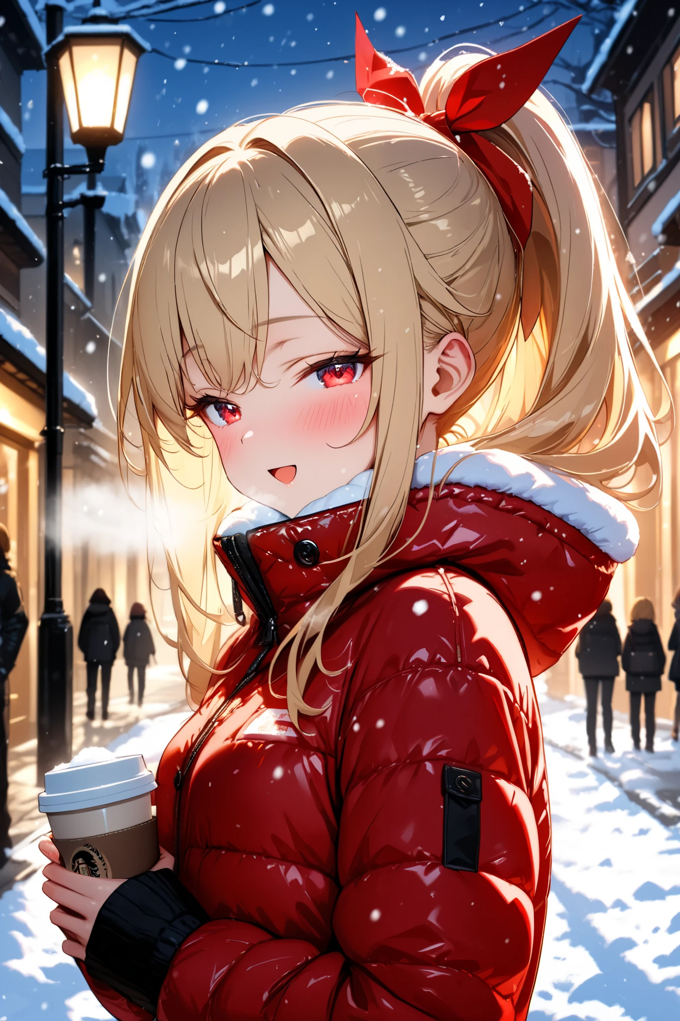(masterpiece),(absurdres),(ultra detailed),(beautiful detailed),( Solo Girl),(20-year-old),(blonde hair:1.0),(shiny red eyes:1.1),(highponytail:0.9),(a little red ribbon;1.0),(long hair:0.8),(small breast),(()), down jacket:0.6, black sweater with red bowtie collar,(()),upperbody shit,white breathing:1.2,blush:1.3,( with coffee:1.2)、happy smile,,open mouth,half-closed eyes,side view,looking viewer, On a Snowy Night in the City ,People in the background:0.9,Background Pastel :1.1、(Glowing Snow :1.2)、(Falling snow:1.3)、Street lamp:1.0,
