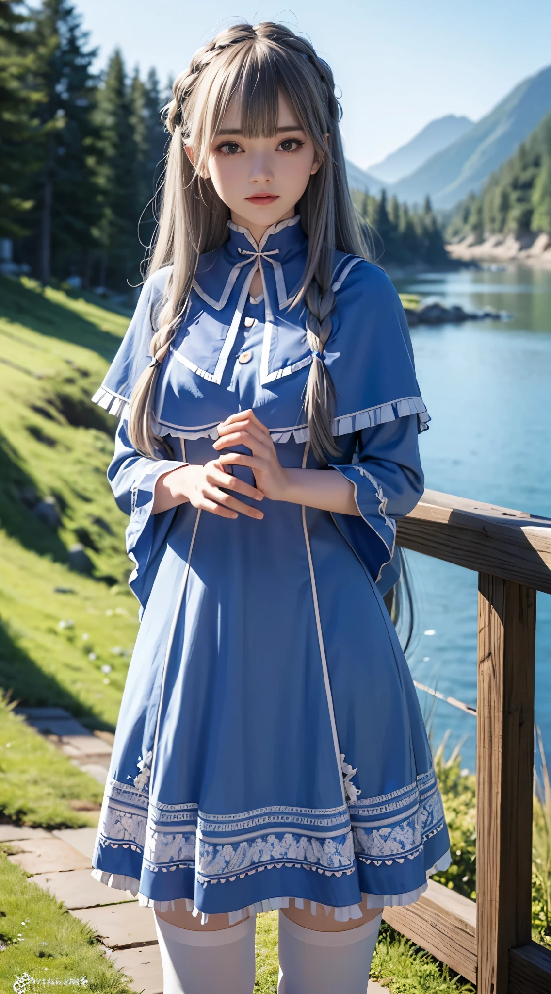 ( masterpiece), ( best quality), ( super high resolution), ultra resolution , ( Extremely Delicate and Beautiful Fabric ), 8k:1.2, 1 girl, avalanche, very long hair, bangs, blue eyes, gray hair, braided, Low Tide Long Hair, Bbo~, thigh high socks, thigh Bbo~, Long Sleeve, dress, frills, capelets, blue dress, blue capelets