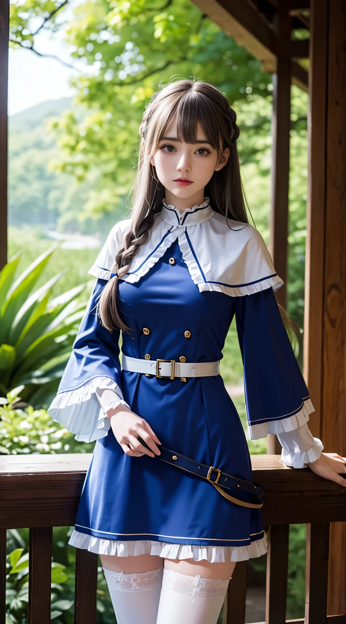 ( masterpiece), ( best quality), ( super high resolution), ultra resolution , ( Extremely Delicate and Beautiful Fabric ), 8k:1.2, 1 girl, avalanche, very long hair, bangs, blue eyes, gray hair, braided, Low Tide Long Hair, Bbo~, thigh high socks, thigh Bbo~, Long Sleeve, dress, frills, capelets, blue dress, blue capelets