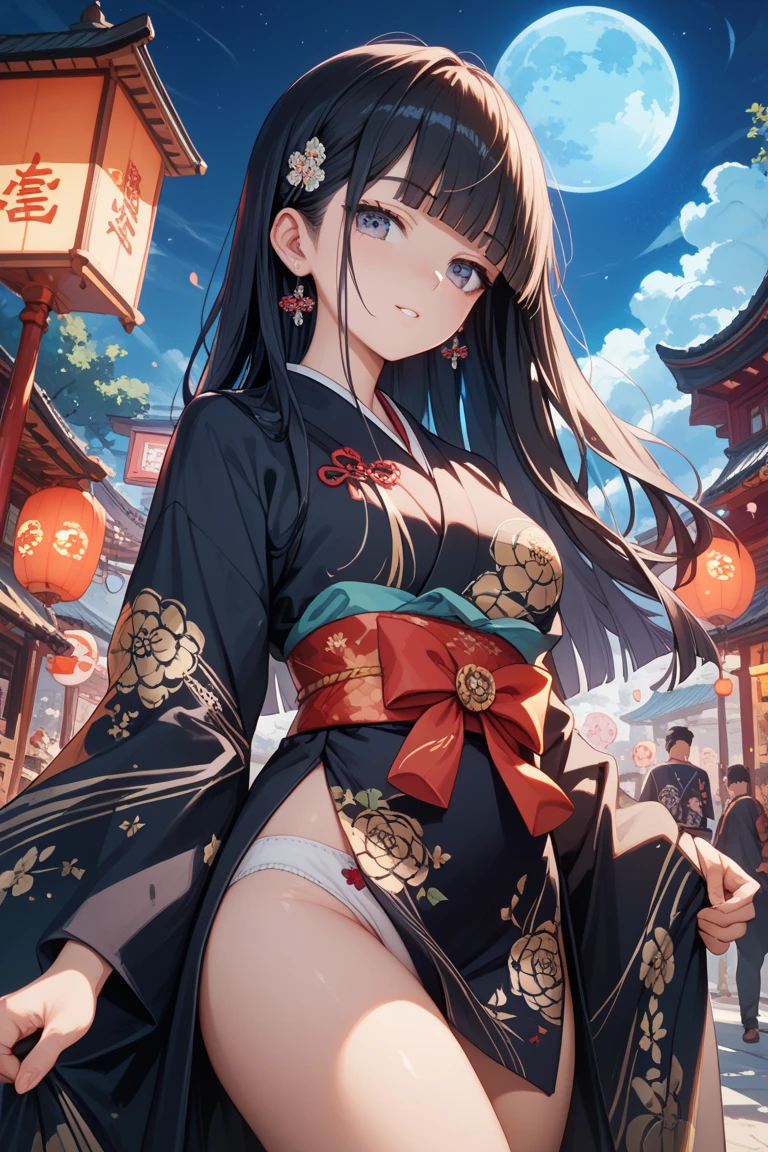 ((masterpiece,Highest quality:1.3,best quality illustration)), 独奏,1woman,(Mature Japan beauties)、black hair,(low ponytail hair style),long hair,blunt bangs,black eyes,gorgeous eyes,((very small head:1.3)),blush,smile,((very long body:1.2)),medium breasts,(tan skin), (gleaming skin,toned body,slender body, skinny),(Female Ninja Costume、Black kimono、Black Hakama),roof,Moonlit Night、shrine、