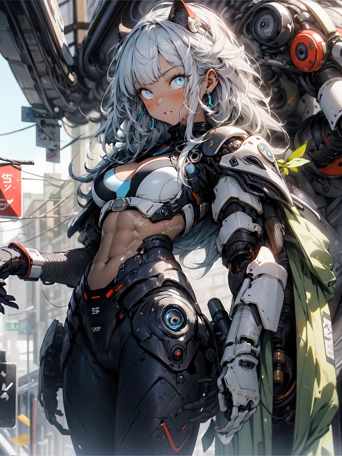 redo this image without all of the random changing colors, make her Celtic tattoos black, her bikini armor (silver and bronze) only, her eyes should both be the same color, and her skin should be a normal lightly tanned skin color, make her face blemish free