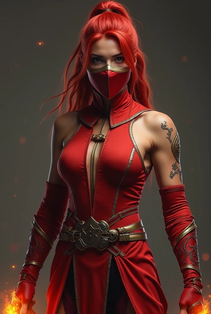 (masterpiece, top quality, best quality, official art, beautiful and aesthetic:1.2), (1girl:1.3), (fractal art:1.3), solo, skarlet from mortal kombat, skarlet mk11, skarlet mk9, Mortal Kombat video game, black headband, long hair, huge breasts,big butt, slim sexy legs, beautiful faces, red face mask, american lady, red ninja uniform for lady, black gloves, red bllody hair, red long socks, long red footwear, a ball of blood floating from hand , large breasts,sexy ninjared uniform , earrings, looking at viewer, upper body, fighting stance, in of her background Mortal kombat logo,