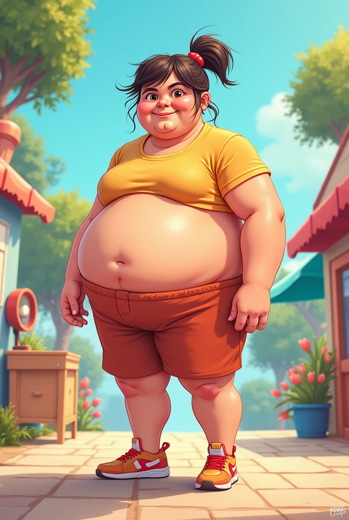 Create a 3D cartoon character of a cute and expressive 8-10 year old boy. Give him the following physical characteristics:
- Around 1 meter tall, with a chubby and adorable body proportion
- Round face with chubby cheeks, small nose, and big shiny eyes
- Dark brown curly hair with bangs falling on the forehead
- Wearing a Muslim cap, a bright blue short-sleeved shirt, and a sarong
- Cheerful facial expression with a wide smile showing small teeth
- Looks active and energetic, with a dynamic body pose
Title the character "Andi, The Friendly and Cheerful Boy" below the image.
The goal is to create a cute, likeable, and entertaining 3D cartoon character that will easily appeal to the audience. Use a colorful and adorable cartoon 3D style.