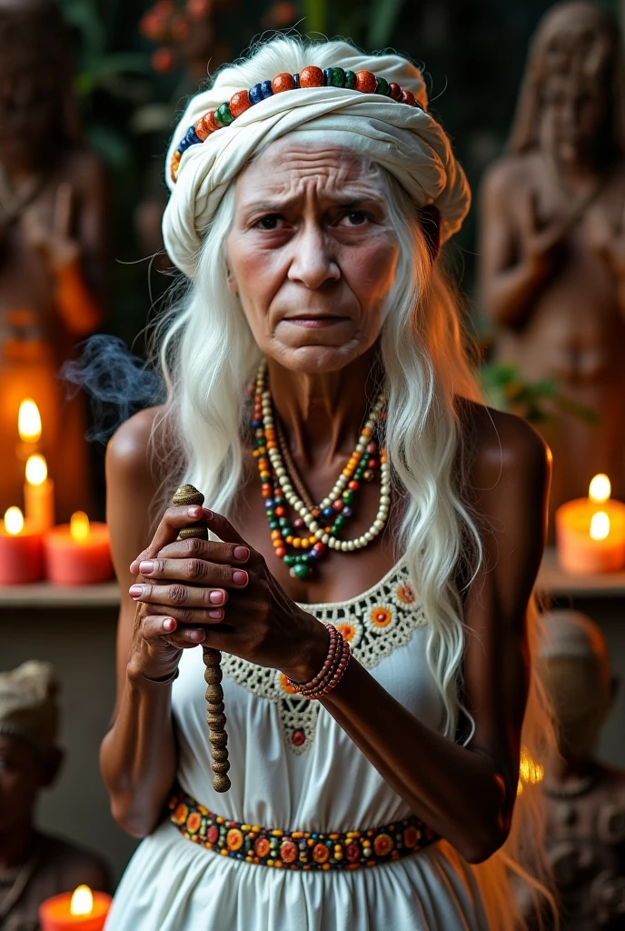 ((painting style)) (full body) (sitting on floor) (doing black magic creatures) (a cruel smile on her face) (scary ambience) A terrifying old Indian woman tantrik priest, piercing dark eyes, holding ominous black magic instruments, wearing a black saree, sitting and performing dark rituals, detailed eyes, pretty face, haunting atmosphere, chiaroscuro lighting, dark and moody colors, gothic horror, skull, blood, crows, intricate details, cinematic composition, dramatic shadows, (best quality,4k,8k,highres,masterpiece:1.2),ultra-detailed,(realistic,photorealistic,photo-realistic:1.37)