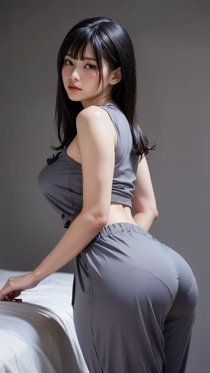 Best Quality, masterpiece, Ultra-high resolution, (Realistic:1.4), RAW Photos, Very detailed, Perfect Anatomy, One Woman, Age 20, ((Wearing dark grey pajamas pants with ass lines facing up:1.4), Shut your mouth.,  Show me your beautiful ass,,ultra realistic ass., masterpiece panty lines., showing the realistics ass((Very beautiful black hair)), (bangs),Very beautiful slender body, Very beautiful breasts, (ビジネススーツのパンツをはいたとてもBeautiful ass), Very beautiful slim thighs, Very beautiful realistic skins,  Beautiful ass, Beautiful thighs((half body photo))