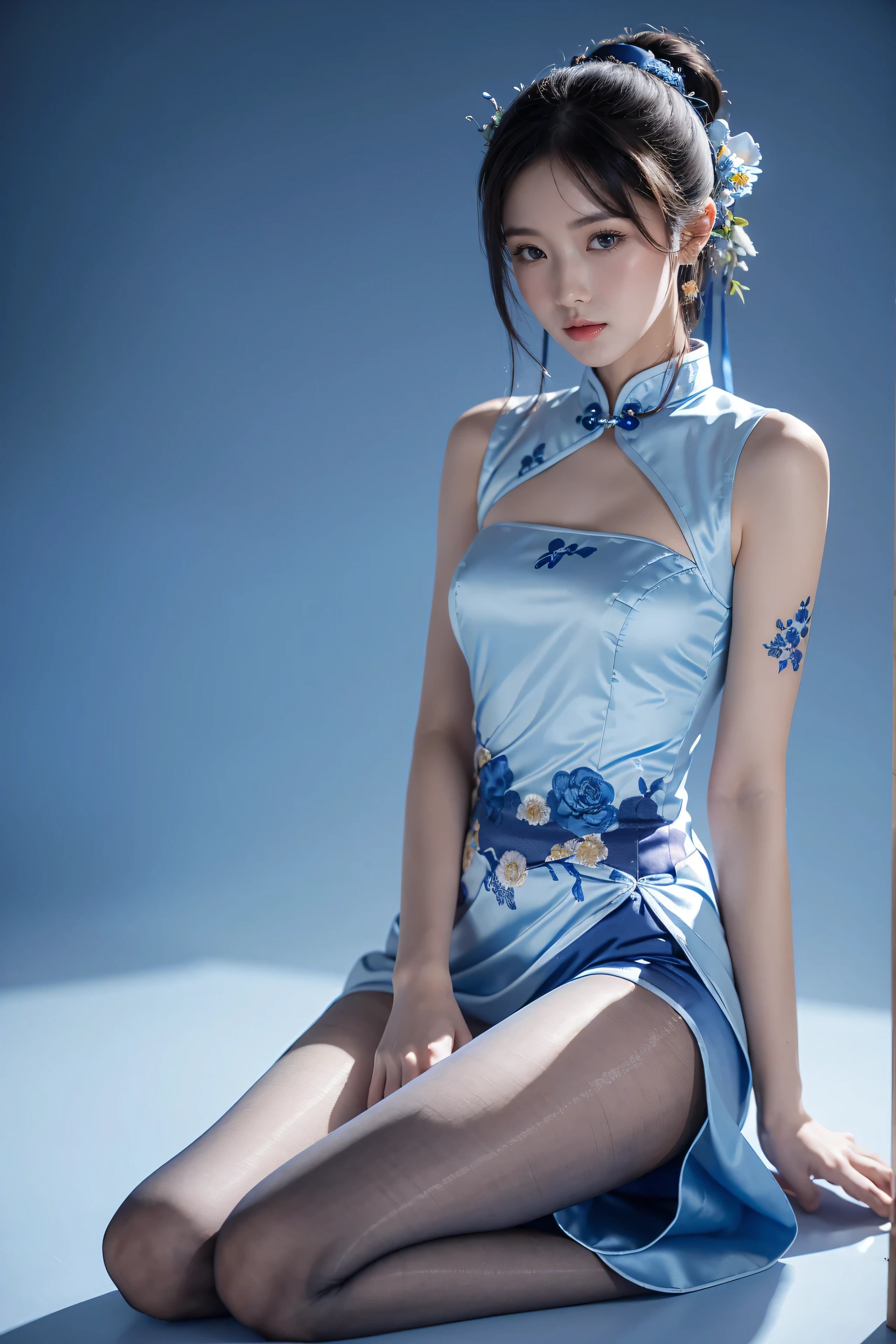 Cheongsam, 1 girl, blue bow, blue eyes, blue flowers, blue ribbon, blue rose, chest, Chinese clothing, Chinese clothing, dress, flower, gradient, gradient background, embroidered ball flower, looking at the audience, small chest, pantyhose, rose, single, thigh pantyhose, Chinese paper fan with painting on it,
