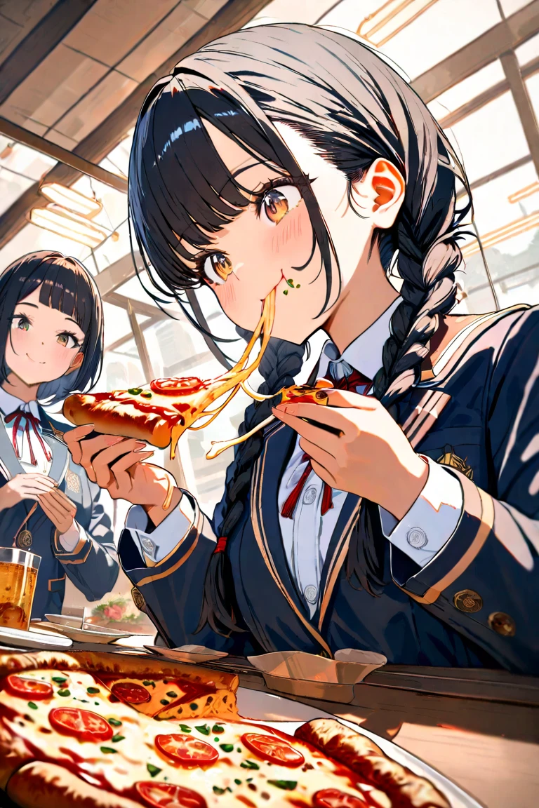 masterpiece,best quality,hyper detailed, girls on the left, black hair braids were taken from the orphanage when they were , blazer uniform,Eating pizza,smile,restaurant interior background,dynamic angle