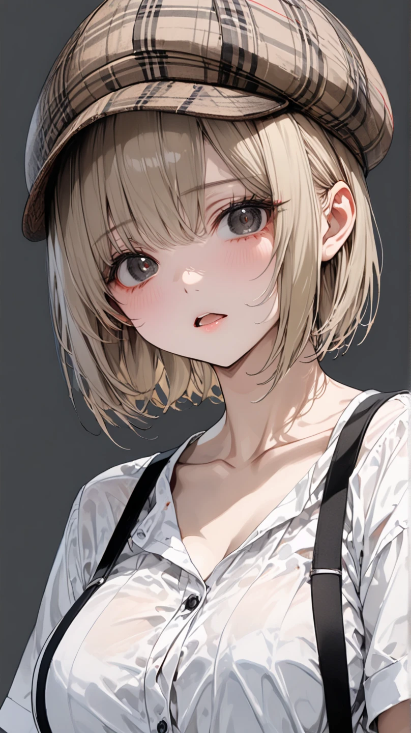 unaestheticXL_cbp62, 16K,((masterpiece:1.3)), (super detailed, RAW color photo:1.3), (best quality), Incredibly absurd high resolution, very aesthetic, Absurdity, (Anatomically accurate depiction:1.3), masterpiece digital art, BREAK Beautiful attention to detail, ((BREAK finely detailed eyes and detailed face:1.3)), 1girl, cute anime characters, (black eyes:1.3), (bright pupils:1.4), , (very nasty:1.5), (Mixed gray and light brown color hair, crew cut:1.3),  (wearing is deerstalker hat, white shirts, Suspenders, showing collarbones:1.3), self-portrait, random gravure pose, simple gray background