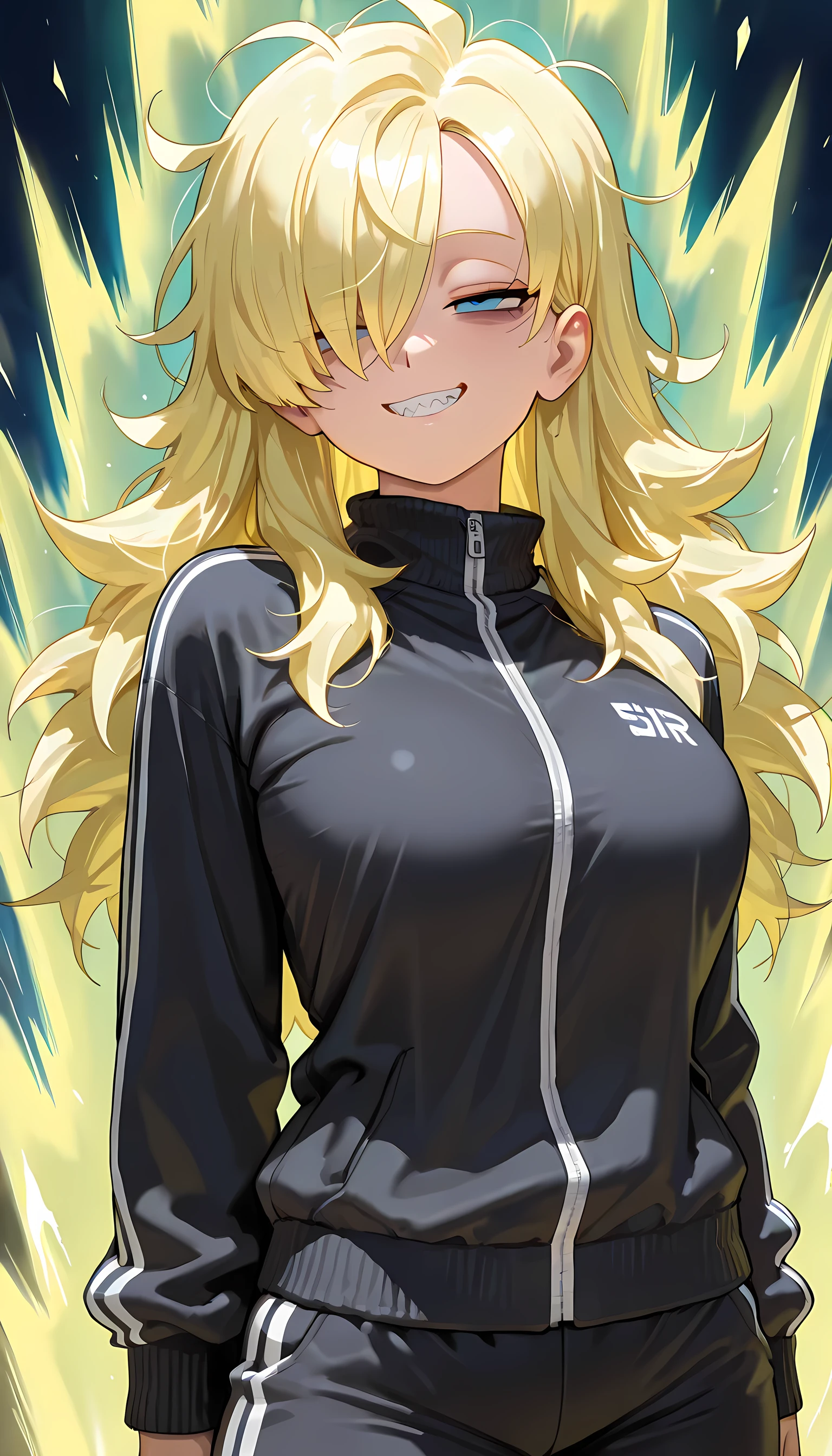 (masterpiece, best quality, amazing quality, very aesthetic, absurdres, newest:1), masterpiece,best quality,amazing quality, 1girl,solo,solo girl,long hair,((messy hair)), hair over one eye, bags under eyes , jitome ,half closed eyes,grin ,sharp teeth,medium breasts,(black tracksuit),super saiyan,super saiyan aura