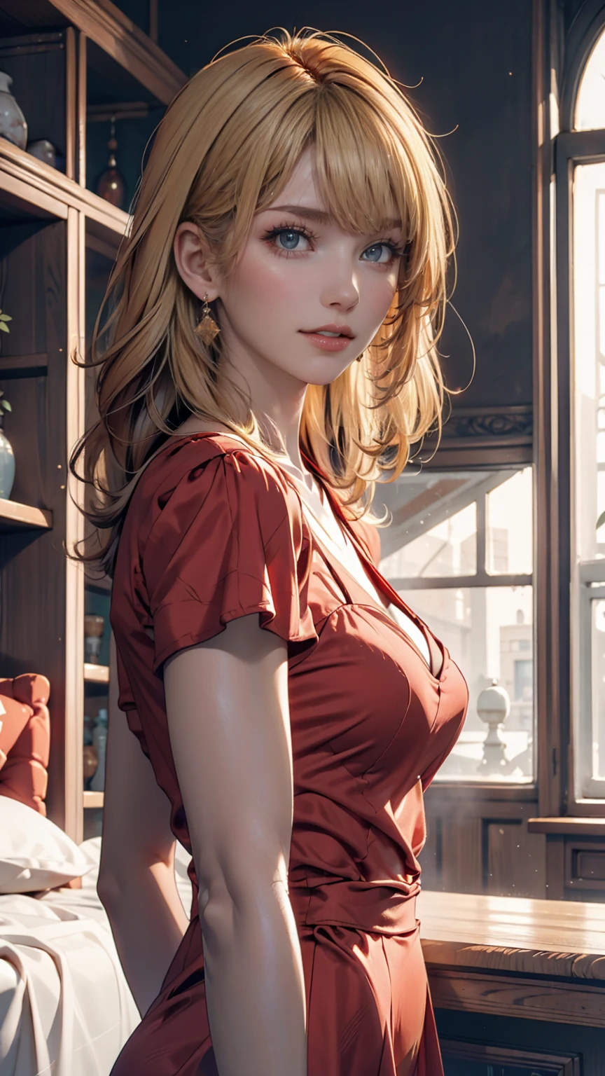 A blonde woman with long hair and a blue dress is posing for a photo, Realistic anime art style, Photorealistic anime girl rendering, Smooth anime CG art, Anime realism style, Realistic art style, realistic young anime, Gorgeous digital painting, Realistic Anime 3D Style, Beautiful anime portraits, Realistic anime art style, Close-up character portraits, 3D Anime Real, Anime style portrait