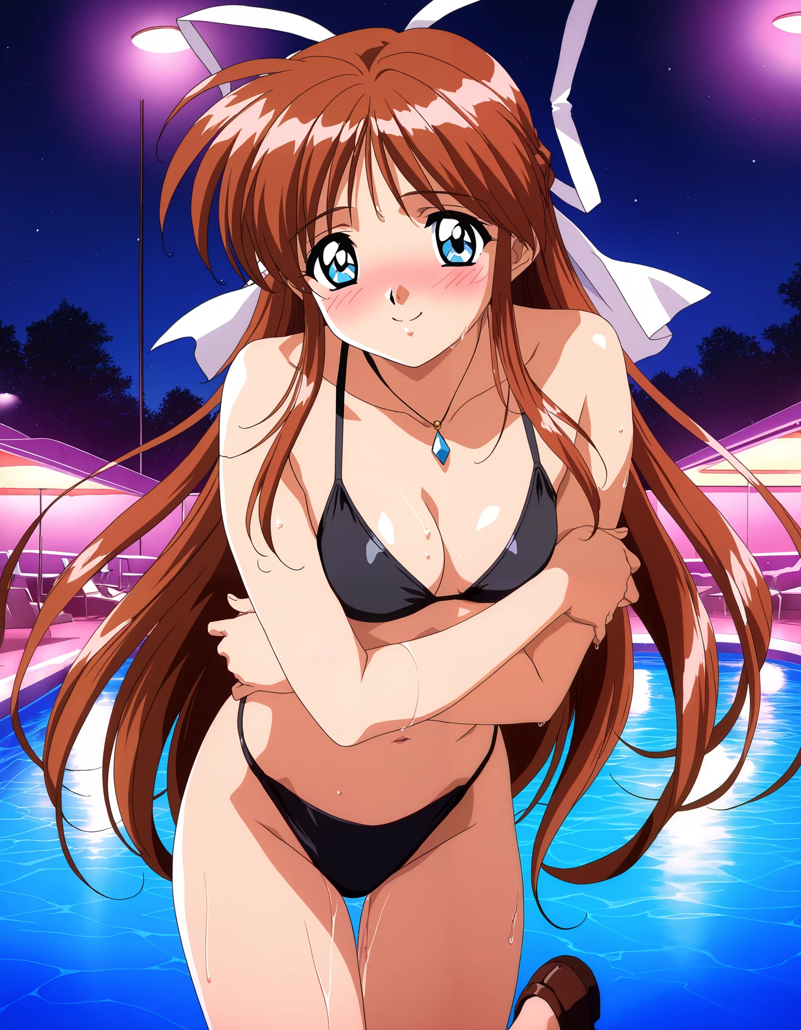 Shirakawa Firefly,woman1people, Black Hair Ribbon,smile,Pool, Swimwear,bikini, (masterpiece,highest quality:1.2)