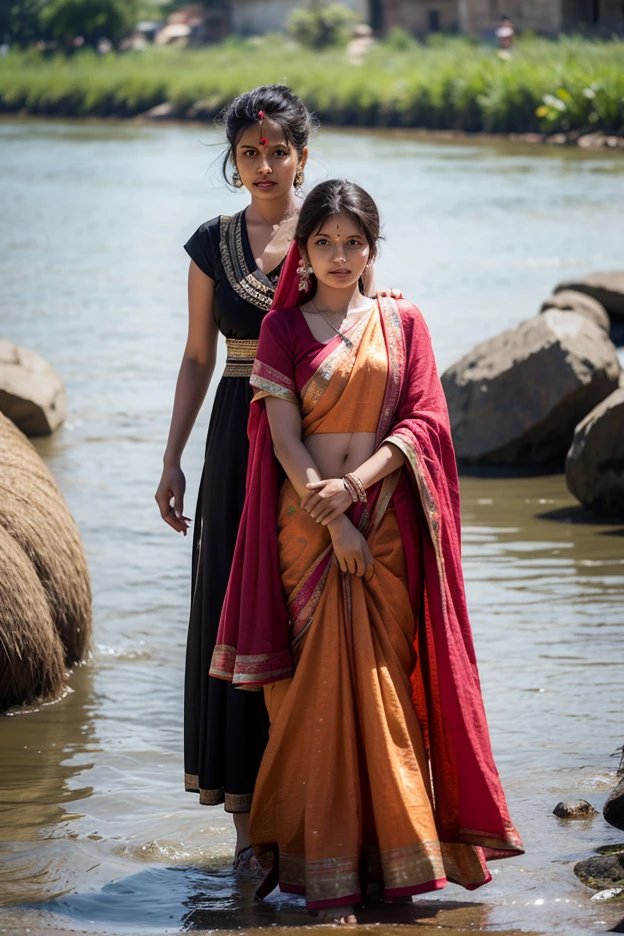 All side green Nature, center mud road, road side one hut, childrens are playing game, ((dress code for kids Trouser and baniyan)), climate Sun set, 1 women walk in the way, ((Dress code white saree, and Black blouse)), Sexy look long hair, Red lip,