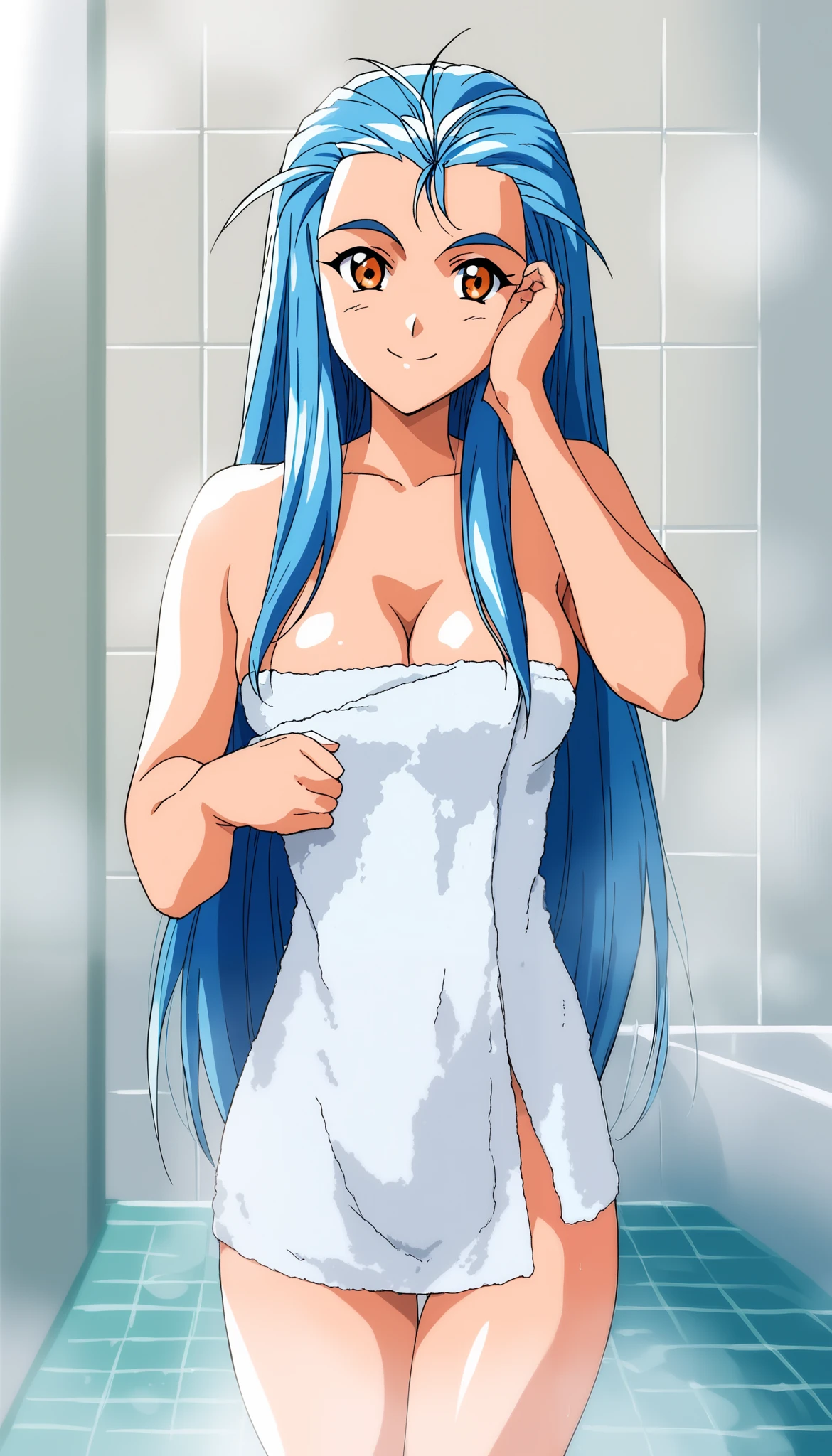 best quality, perfect anatomy, solo, 1girl, green eyes, @_@, bags_under_eyes, skin fang, dark blue hair, brown skin, long hair, messy hair, parted bangs, long sidelocks, hair down, freckles, ahoge, medium breasts, plump, absurdres, wet hair, nude, nipples, excessive pubic hair, wet skin, shiny, shower, showering, bathroom, steam, soap, singing, dancing, 