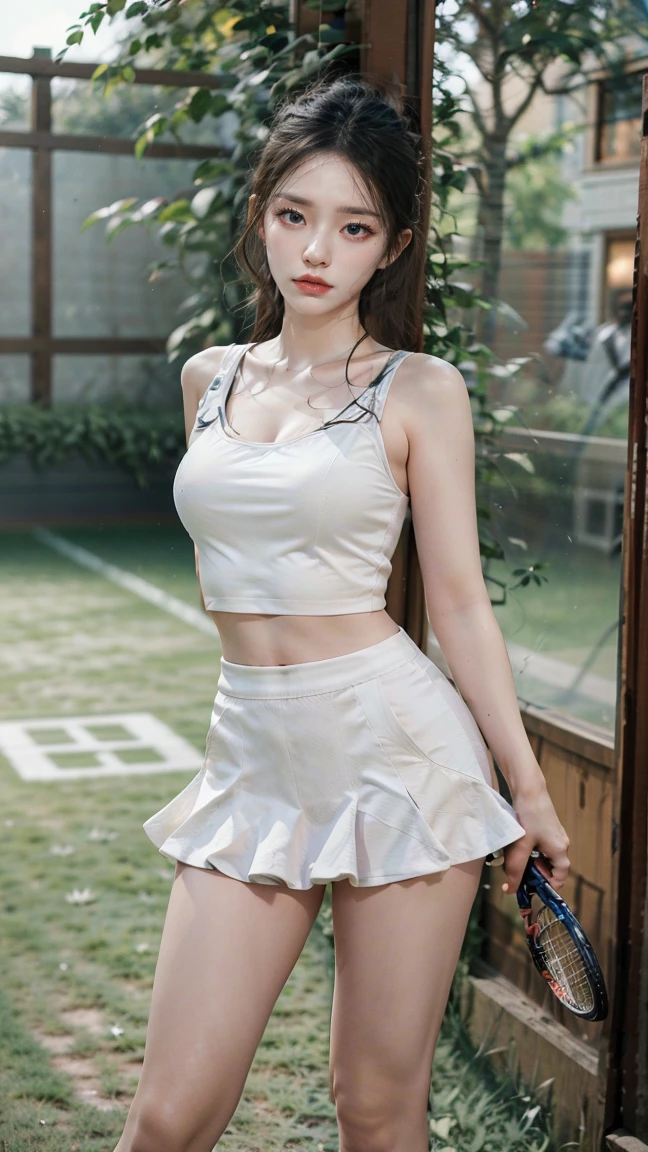 1girl, 独奏, White polo shirt, White sneakers, tennis wear,Open navel, white mini-skirt, tmasterpiece, Best quality at best, realisticlying, ultra - detailed, (shiny skins, perspired:1.4), absurderes, looking at viewert, cabellos largos dorados, blue color eyes,slenderness,Dynamic light and shadow,A high resolution,Sharp focus,depth of fields,The eyes are delicate,Sharp pupils,pupil realistic,(middlebreast:1.6),(Thigh thick:1.0),exteriors,Skysky