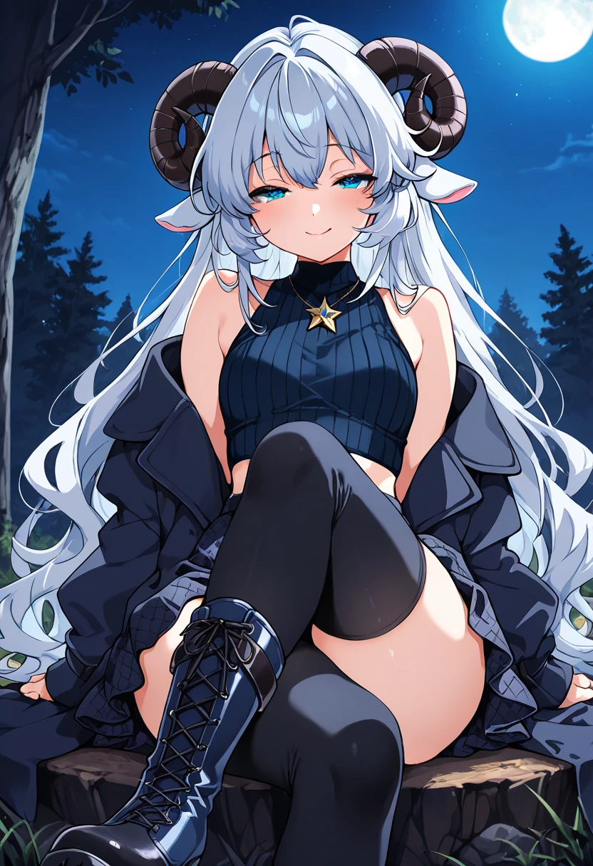young woman, long white hair, black horns, black sweatshirt, short shorts
