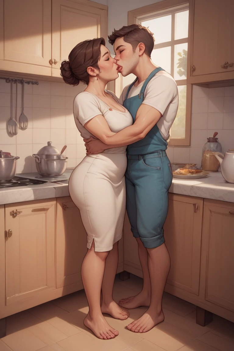 score_9, score_8_up, score_7_up, 1boy, 1girl, mature woman, (mother and son), boy, hand on waist, leaning on counter, in kitchen, penetration, boy with big penis, 22 year old boy,nsfw