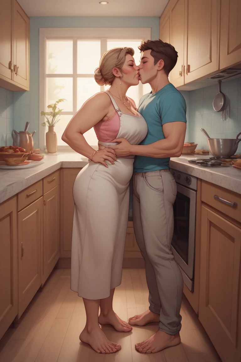 multiple thick body (mature women age 40 Columbian milf super model) naked wearing necklace (((1male age 25 hugs 1female naked side view, tall female short male))), kitchen daytime, looking viewer smiling, grab backside, grab breast, ((male standing female sitting on counter top))