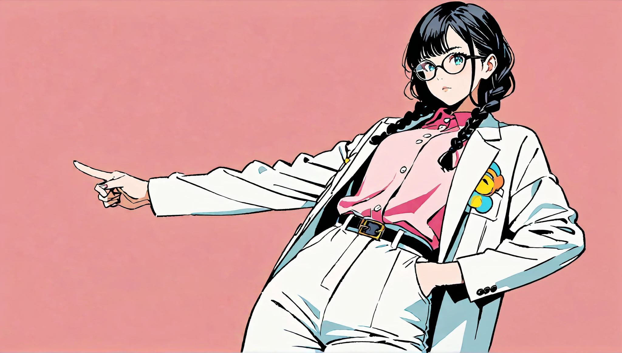((alone)),((pointing up)),(( wiggle your hips)), expressionless,((Black hair long hairstyle with braids)),((( black rimmed glasses))),masterpiece, Highest quality, Beautiful attention to detail, Very detailed, In detail, High resolution, (( white suit jacket、 white pants))),Perfect Anatomy, , , girl, (one person:1.5), alone, (City pop illustrations), ( simple solid color background), Simple disco Background, (), (night), 80's fashion,anime,
