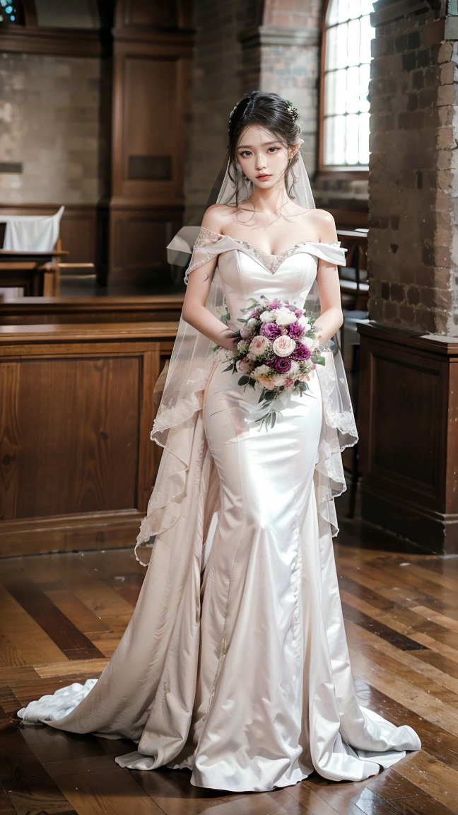In the heart of a dimly-lit gothic cathedral, Sara, a radiant young woman in an antiquefloor-length wedding gown adorned with intricate lace patterns, stands atop grand spiraling staircase, her long dark hair flowing down back waterfall obsidian waves; her delicate fingers clutch stone banister, her eyes brimming anguished sorrow as gazes ghostly figure lost lover across nave, spectral form illuminated soft glow stained-glass windows casting kaleidoscopic colors desolate chapel while single tear trickles down her porcelain cheek. <lora:qlhokt18fc46c5994j4d9:1>