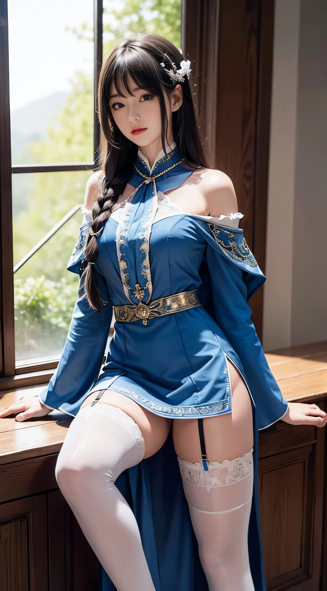 4K, (((very delicate))), realistic person, Japanese anime heroine, Looks like a woman in her 20s, demon slayer blade cosplay clothes, open your legs,(((Non-breaststroke))), traditional Japanese outfit, short skirt length,