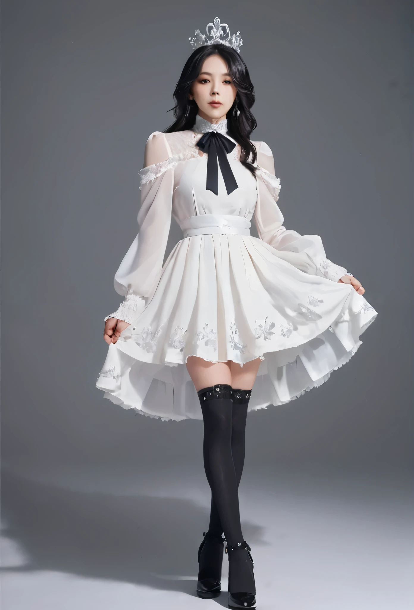 1girl, solo, long hair, long sleeves, bow, standing, full body, white hair, frills, shoes, choker, puffy sleeves, black footwear, white dress, white thighhighs, sleeves past wrists, gradient background, black ribbon, crown, sleeves past fingers, snowflakes