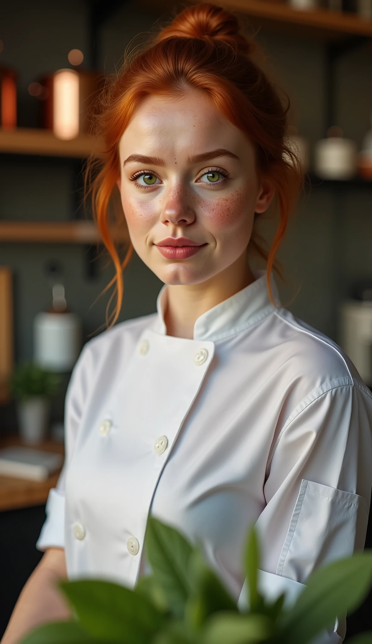 Professional portrait of a young female chef with an expressive yet neutral facial expression. She has a fair, even skin tone with a slight blush on her cheeks, emphasizing a natural freshness. Her hair is medium-length, neatly tied in a bun or ponytail to keep it out of the way while working, with a few loose strands for a natural look. Her facial features are soft and harmonious: a straight, delicate nose, rounded cheekbones that add charm, and a well-defined jawline. Her eyes are large, slightly almond-shaped, with a gentle sparkle, conveying focus and friendliness. The eye color could be warm (e.g., brown or green). Her eyebrows are naturally shaped, medium in thickness, slightly raised, adding an open and approachable expression. She is dressed in a professional chef's uniform: a crisp white coat with neat folds and a perfect fit, paired with a checkered or solid-colored apron. On her head is a traditional chef's hat, slightly tilted to the side for a casual touch. Her hands are slightly raised, as if holding a kitchen tool or ingredients, emphasizing her professionalism and engagement in the process. The background features a modern kitchen with decorative elements: copper pots, wooden cutting boards, fresh vegetables, or herbs on the counter. The lighting is warm, focusing on her face, highlighting the texture of her skin and the details of her outfit. Style: realism, high detail, professional photography with an emphasis on naturalness, professionalism