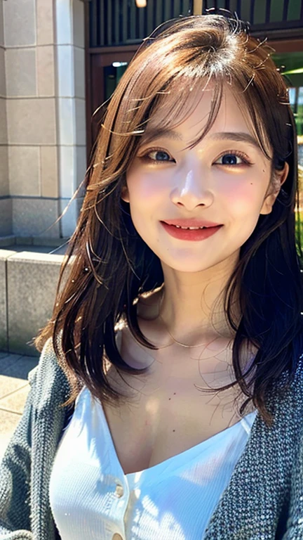 (((Close-up of face)))、(((Straight brown hair, medium length, loose and fluffy)))、(((Posing with the sunset sea in the background)))、(((She is wearing clothes suitable for early summer)))、(Natural laughter:1.25)、Half Japanese, half Korean、18 year old girl、Standing Alone、Looking forward、Light eye makeup、Brown Hair Color、Flat and 、Hair blowing in the wind、Actress Quality、Glossy, ultra-realistic face、Smiling face、Watery eyes、Facing forward and looking at the camera、Subtle lighting effects、 Ultra-Realistic Capture、Very detailed、High resolution 16K close up of human skin。Skin texture must be natural、The details must be such that pores can be clearly seen、The skin is healthy、Uniform tone、Use natural light and colors、A worn-out, high-quality photo taken by a model agency&#39;s in-house photographer.、smile、(((SIGMA 300 mm F/1.4,1/1000 sec shutter,ISO 400)))、The background is F-stop 1..4 is blurred
