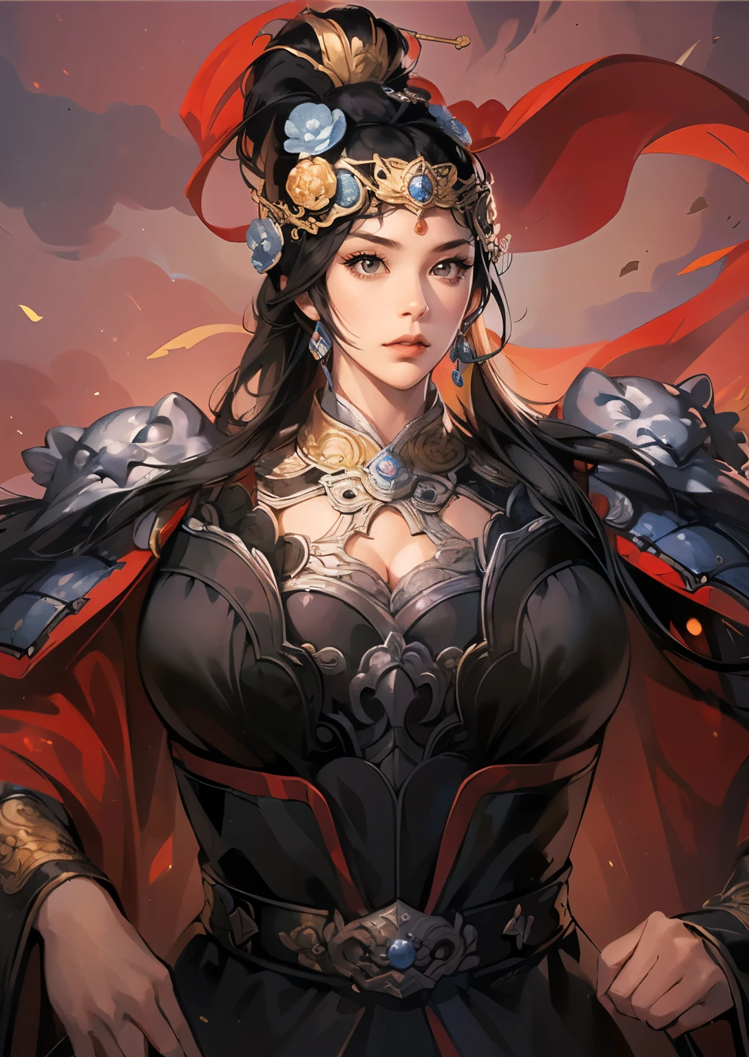 a painting of a woman in a red cape and a gold crown, inspired by Huang Shen, zhao yun, inspired by Li Kan, inspired by Huang Ding, inspired by Wu Bin, inspired by Fan Kuan, inspired by Cao Zhibai, inspired by Li Gonglin, bian lian, inspired by Zhao Yuan, xianxia hero, guan yu, Highly detailed CG unit 8k wallpaper, masterpiece, High resolution, highest quality, highest quality real texture skin, Super Real, Digital Painting, Best image quality, 最High resolution, 8k, (((Highly detailed eyes and face, Beautiful eyes every detail))), disproportionate breasts, huge breasts, sagging breasts, gigantic breasts, (腕を組む, 頬に手を当てる, )