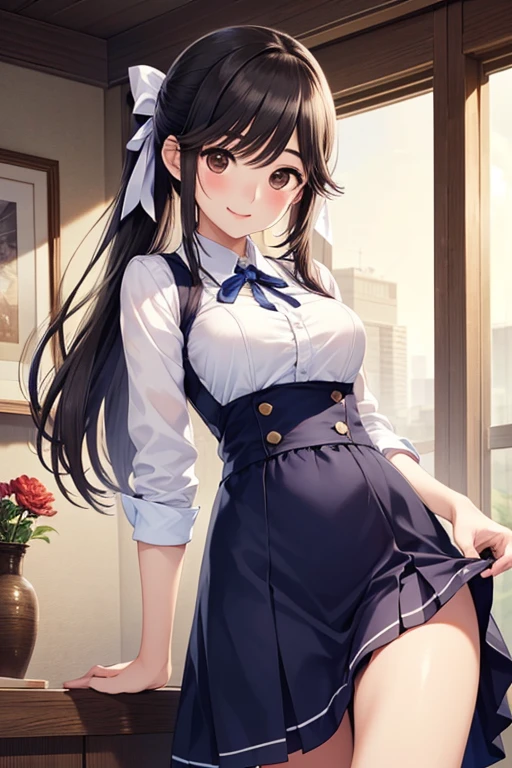 masterpiece、highest quality、1 girl、high school girl、18-year-old、Perfect Face、Shiny skin、Random Uniform、(ponytail)、Big eyes、tall)、Beautiful Hair、Beautiful Eyes、Perfect proportions、Beautiful thighs、Beautiful legs、Beautiful fingers、((High-quality fabric、brown knit vest、Short sleeve white collar shirt、Navy Pleated Skirt、A bow tie))、After school in the classroom、(smile)、(((((Skirt Lift、Panties and pantyhose are visible)))))
